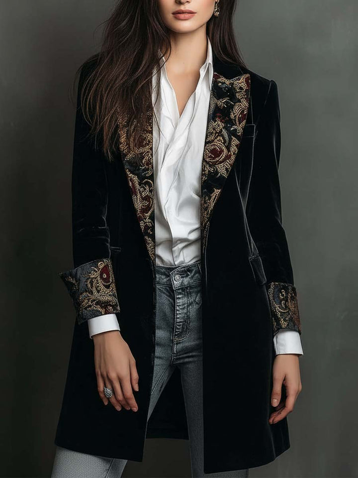 Timeless Vintage Luxury Black Velvet Blazer With Baroque Printed Lapel