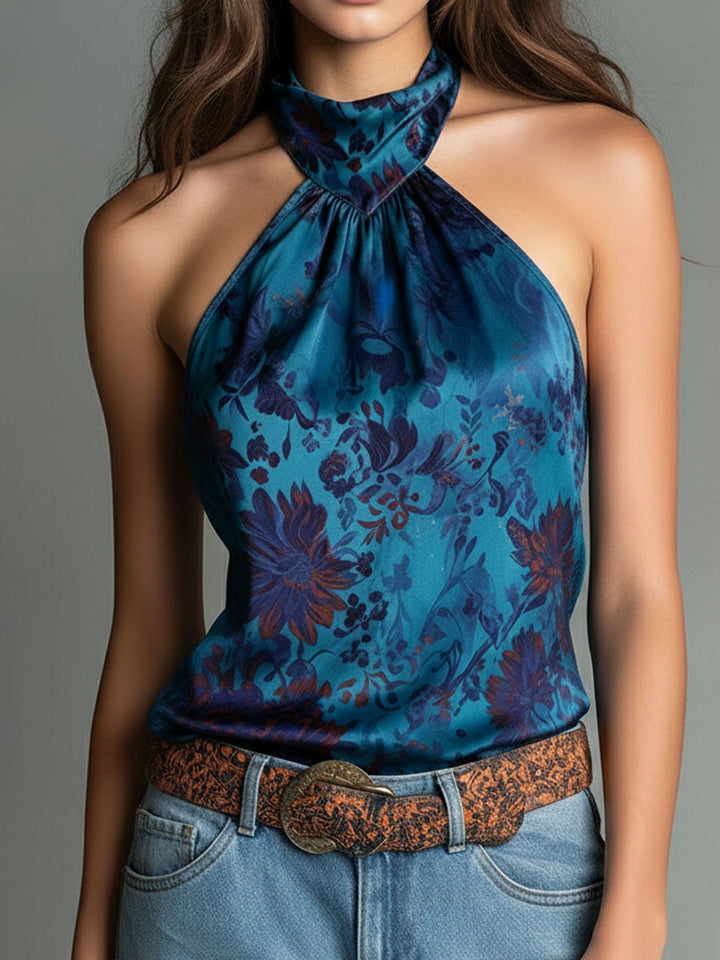 Retro High-Neck Floral Print Teal Satin Halter Scarf Blouse | Harry & Kate London