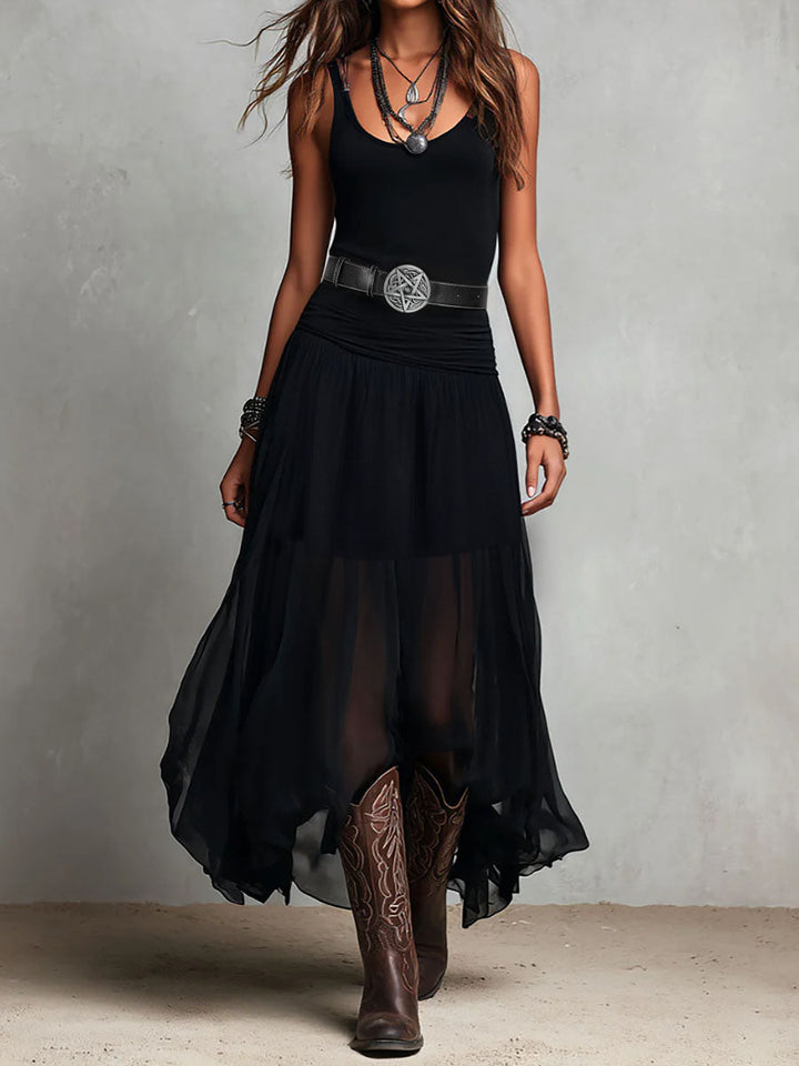 Boho Western Black  Stretchy Maxi  Dress With Sheer Skirt