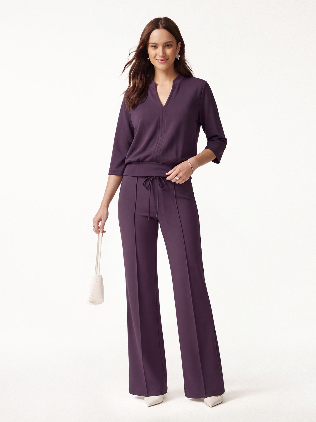 2Pcs Set V-Neck Elbow Sleeve Bam Top & High-Rise Flare Pants with Pockets