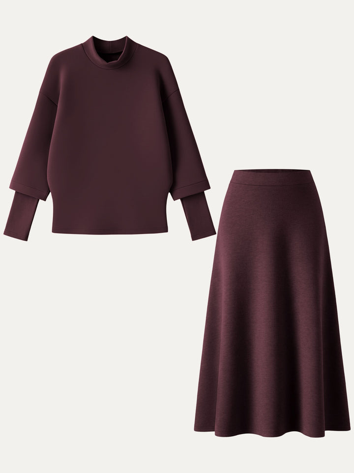 2Pcs Set FuzzLuxe Mockneck Sleeve-Warmer Top &  Midi A-line Circle Skirt