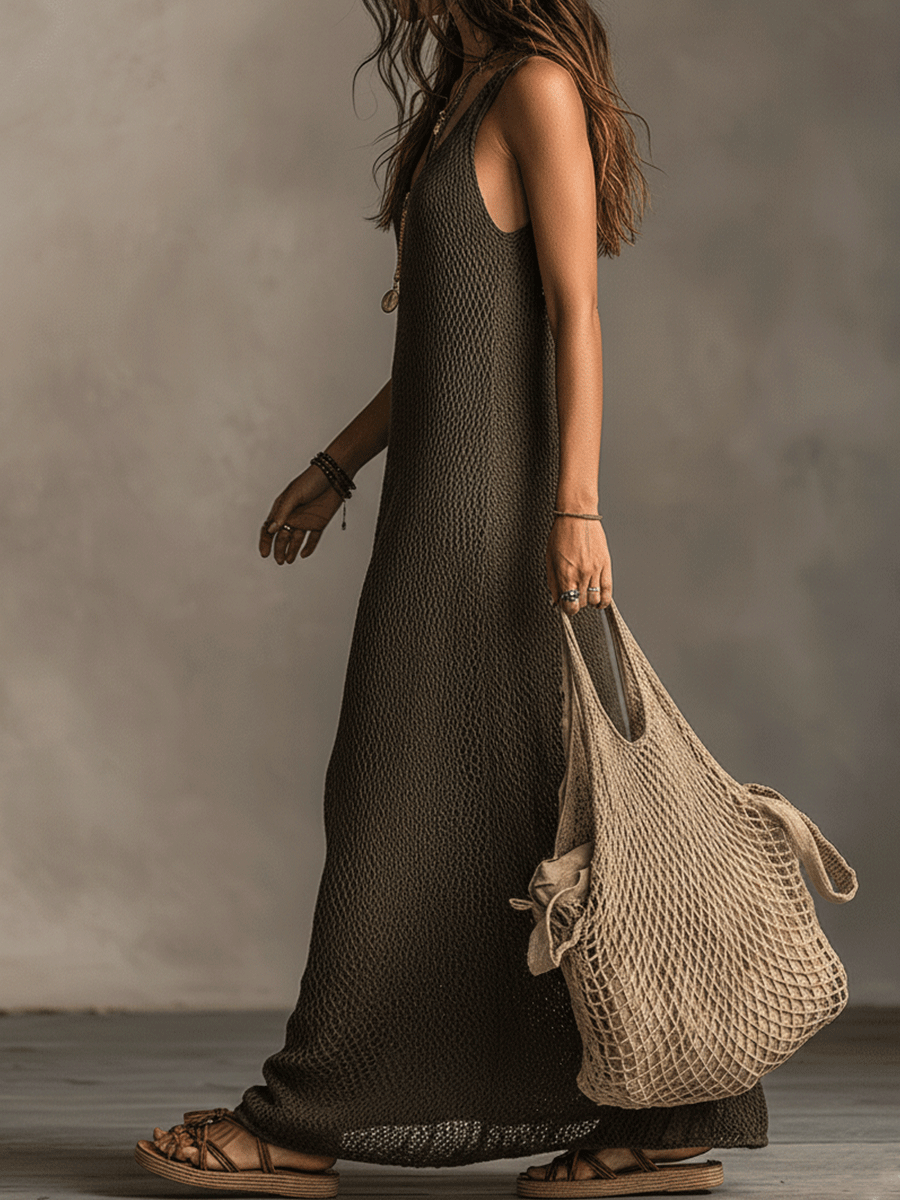Bohemian Relaxed Sleeveless Wide-Leg Olive Knit Maxi Dress
