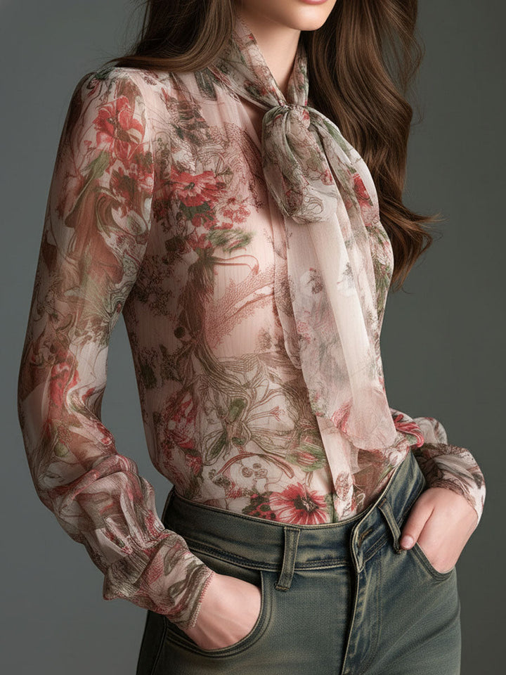 Retro Romantic Floral Chiffon Bow-Tie Blouse