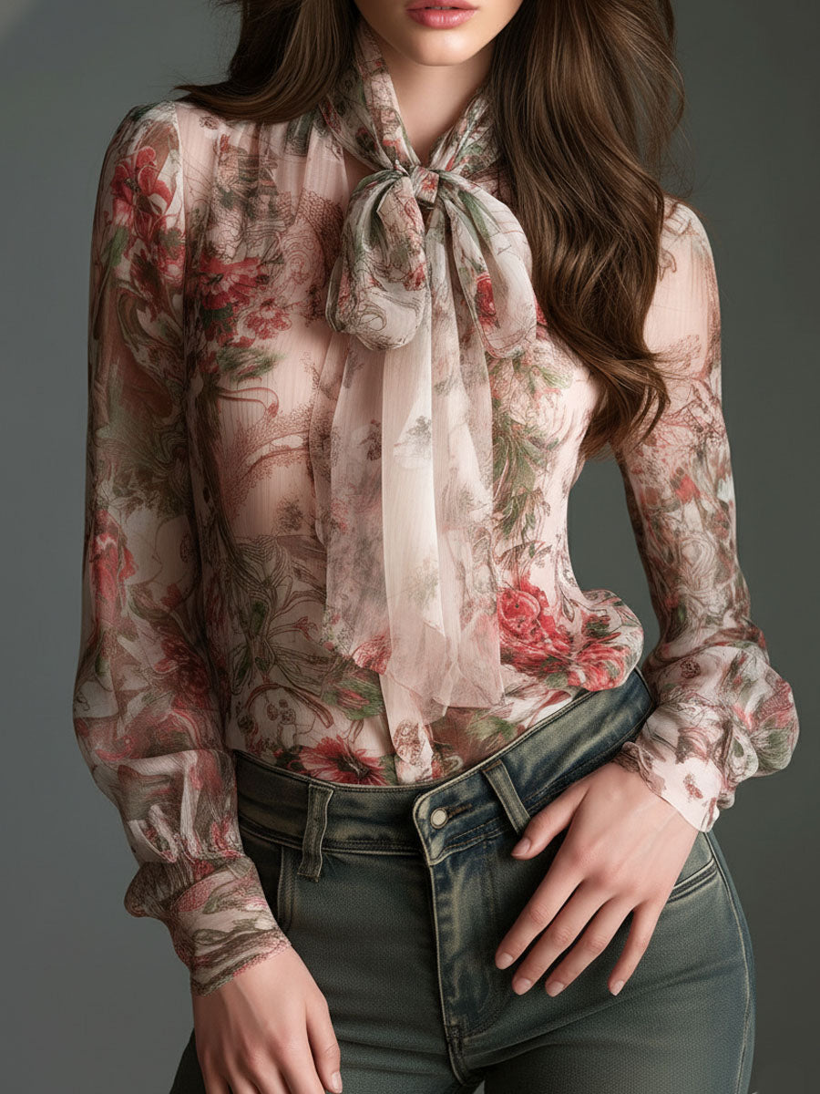 Retro Romantic Floral Chiffon Bow-Tie Blouse