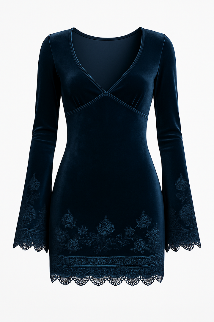 Embroidery Bell Sleeves Velvet Dress With Lace Trim