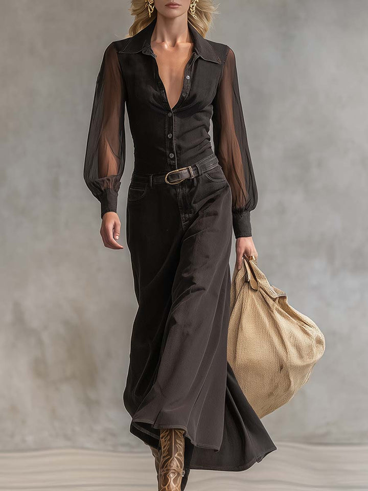 Evelyn vintage western denim maxi dress – front full-length view women