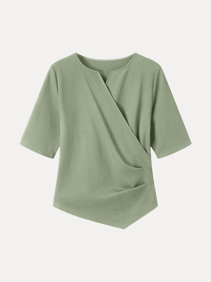 Ponte Surplice Elbow Sleeve Asymmetrical Hem Top