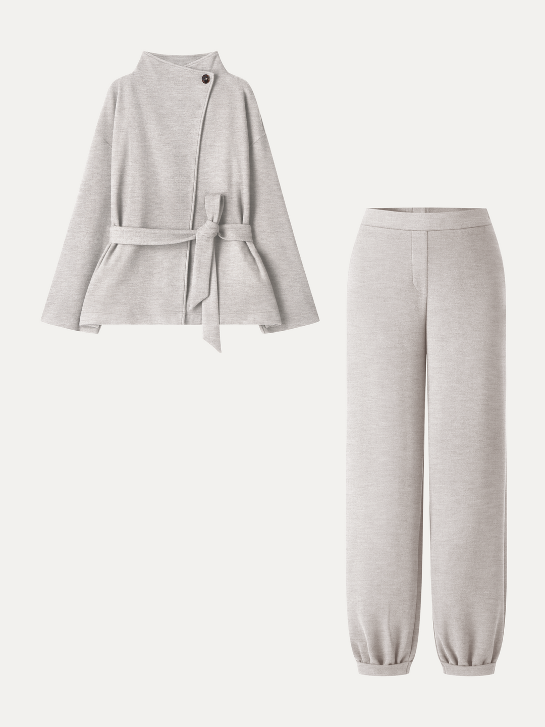 2Pcs Set Waterfall Lapel Belted Jacket with Pockets & Mid-Rise Balloon Pants with Pockets
