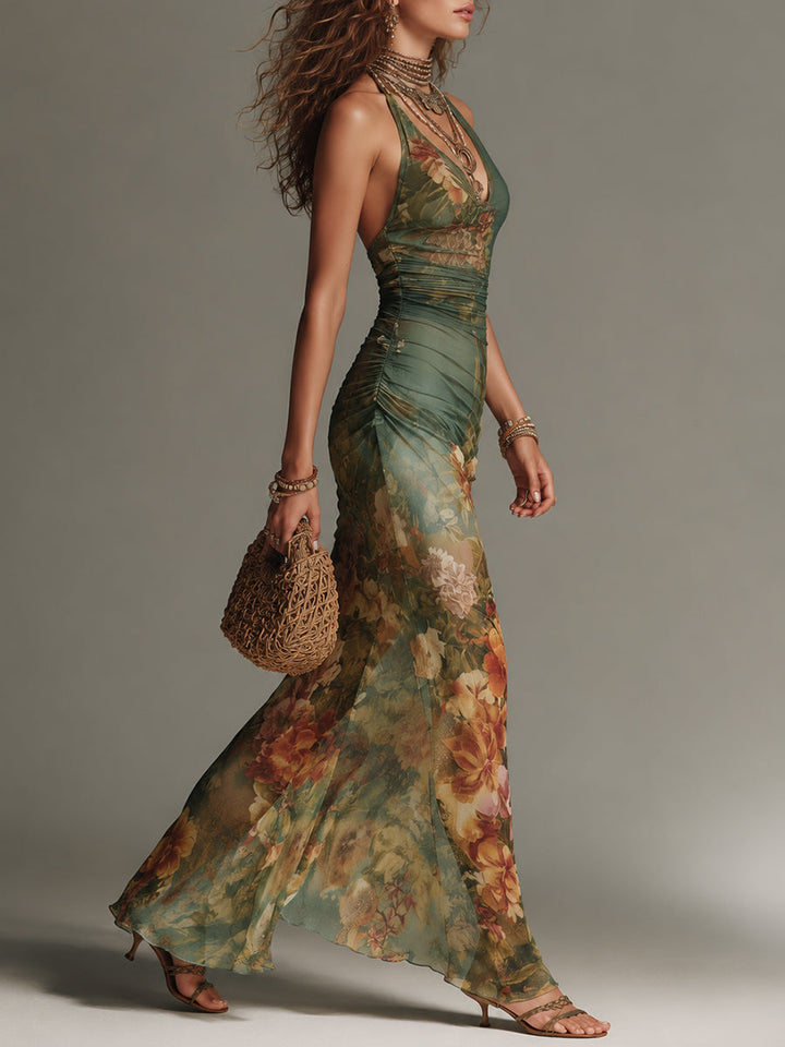 Retro Oil Painting Floral Print Slim-Fit Mesh Maxi Dress