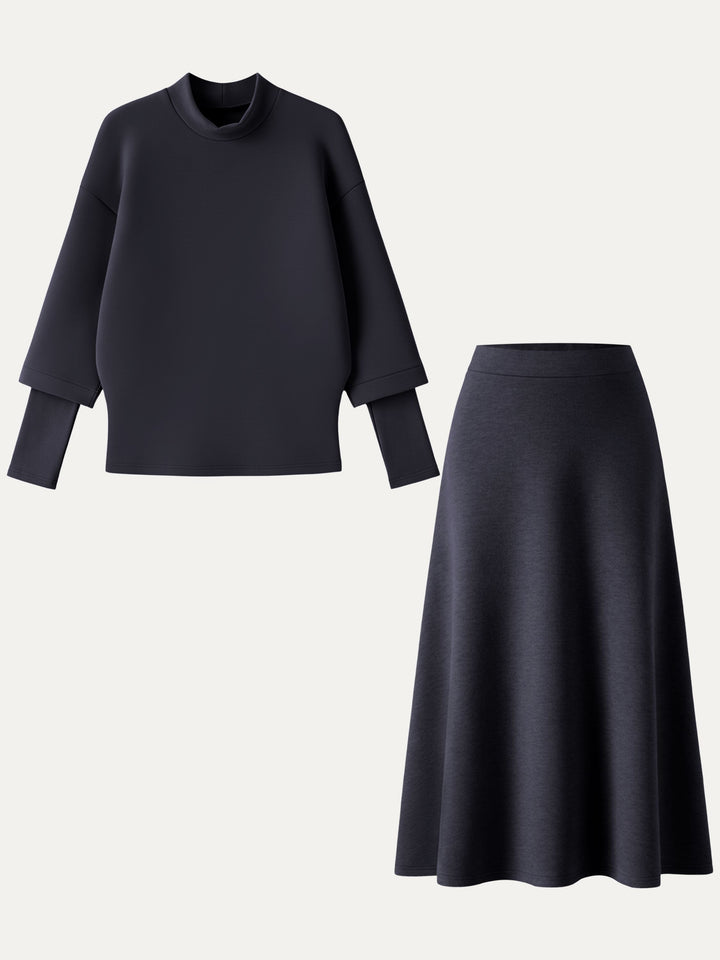 2Pcs Set FuzzLuxe Mockneck Sleeve-Warmer Top &  Midi A-line Circle Skirt