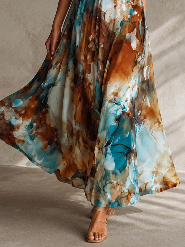 Boho Watercolor Print Chiffon Spaghetti Strap Maxi Dress