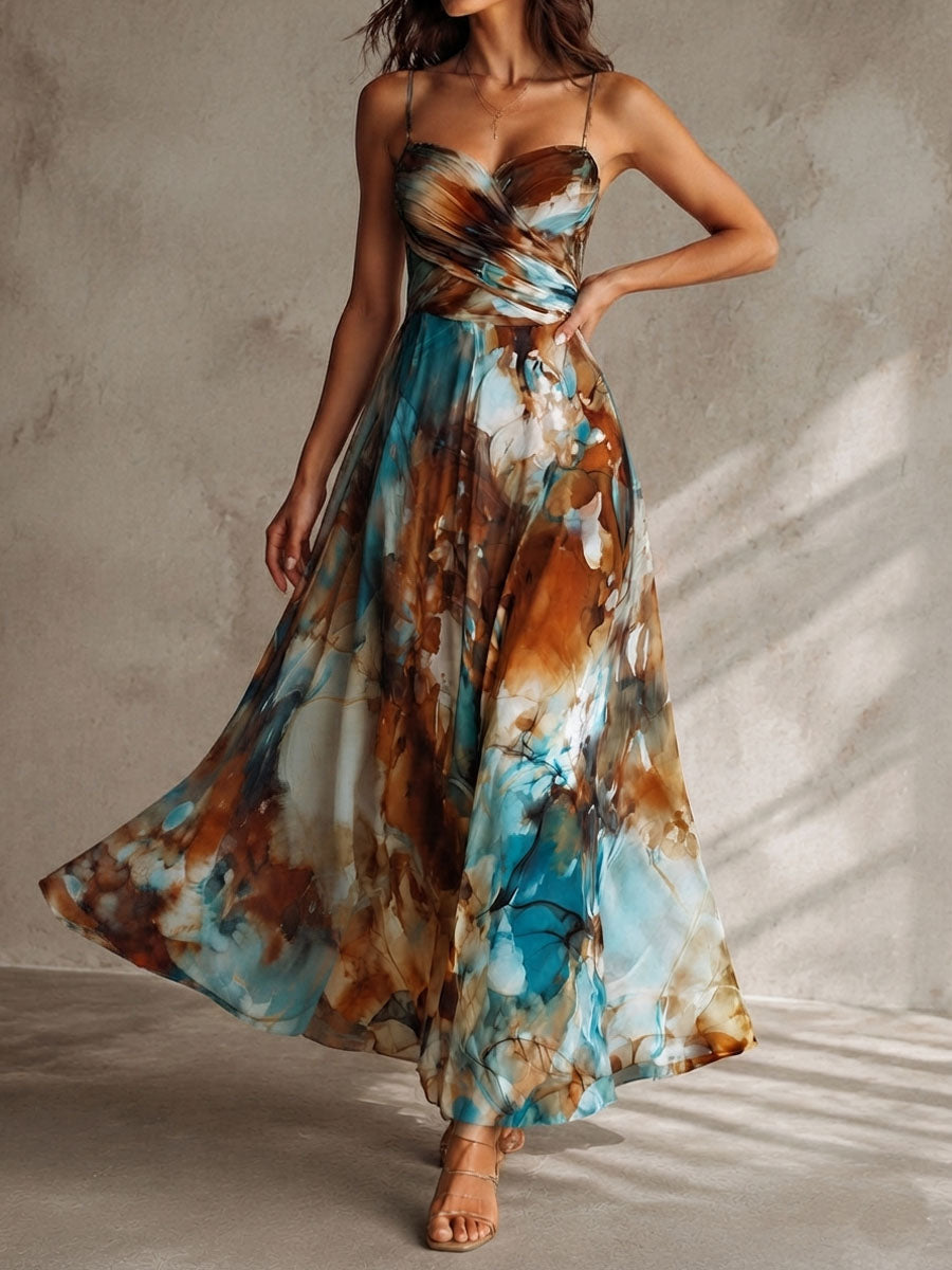 Boho Watercolor Print Chiffon Spaghetti Strap Maxi Dress