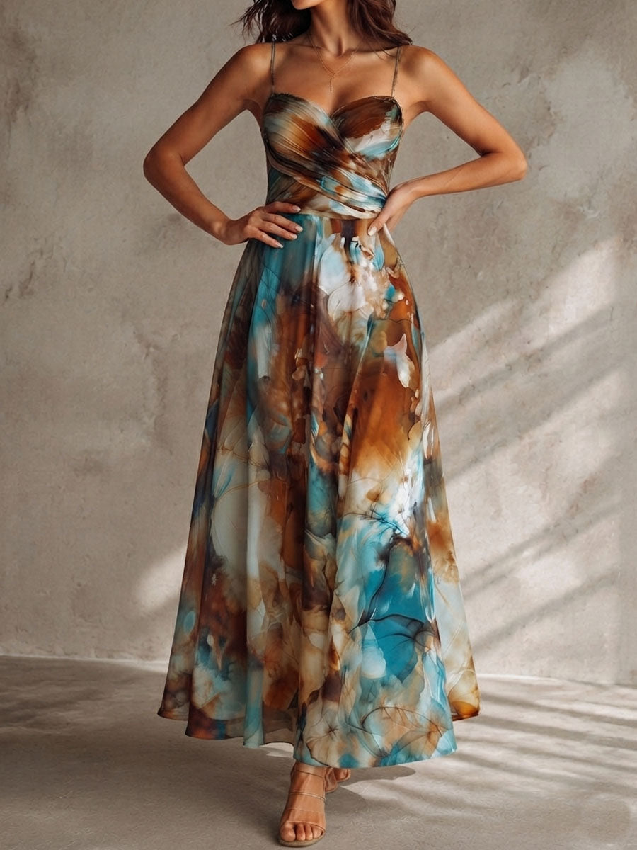 Boho Watercolor Print Chiffon Spaghetti Strap Maxi Dress