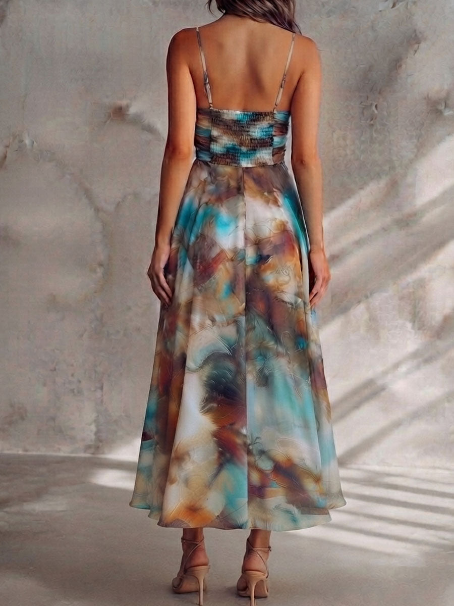 Boho Watercolor Print Chiffon Spaghetti Strap Maxi Dress