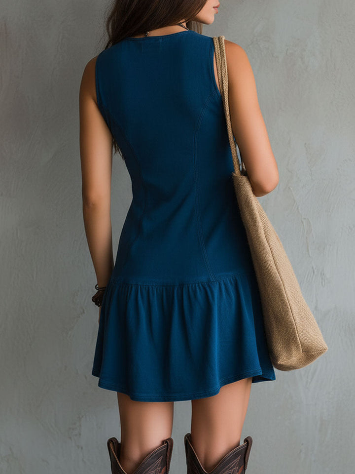 Boho Chic Indigo Embroidery Buttons Sleeveless Mini Dress