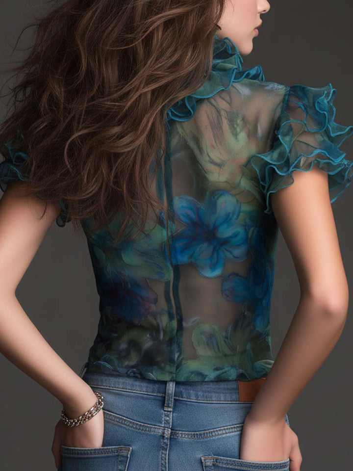 Vintage Boho Sheer Floral Ruffle Mesh Top | Harry & Kate London