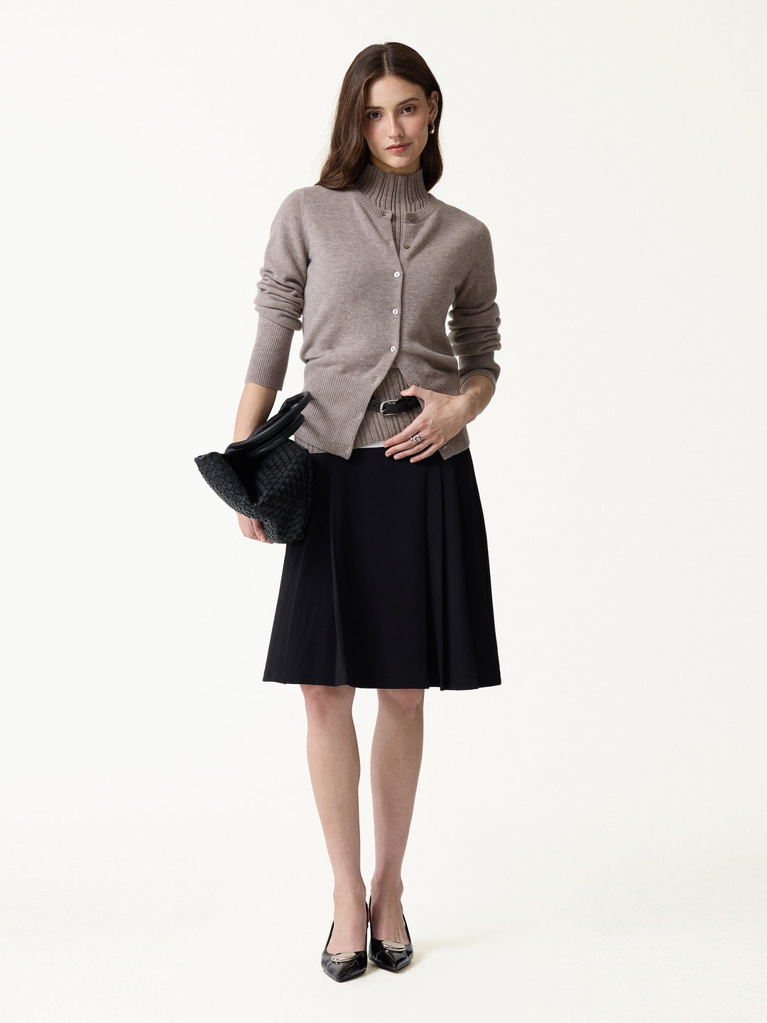 2Pcs Set 100% Merino Wool Long Sleeve Cardigan & Mock Neck Sweater