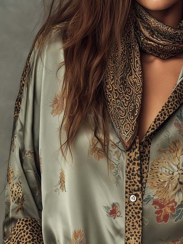 Satin Floral Button-Down Shirt With Leopard Trim