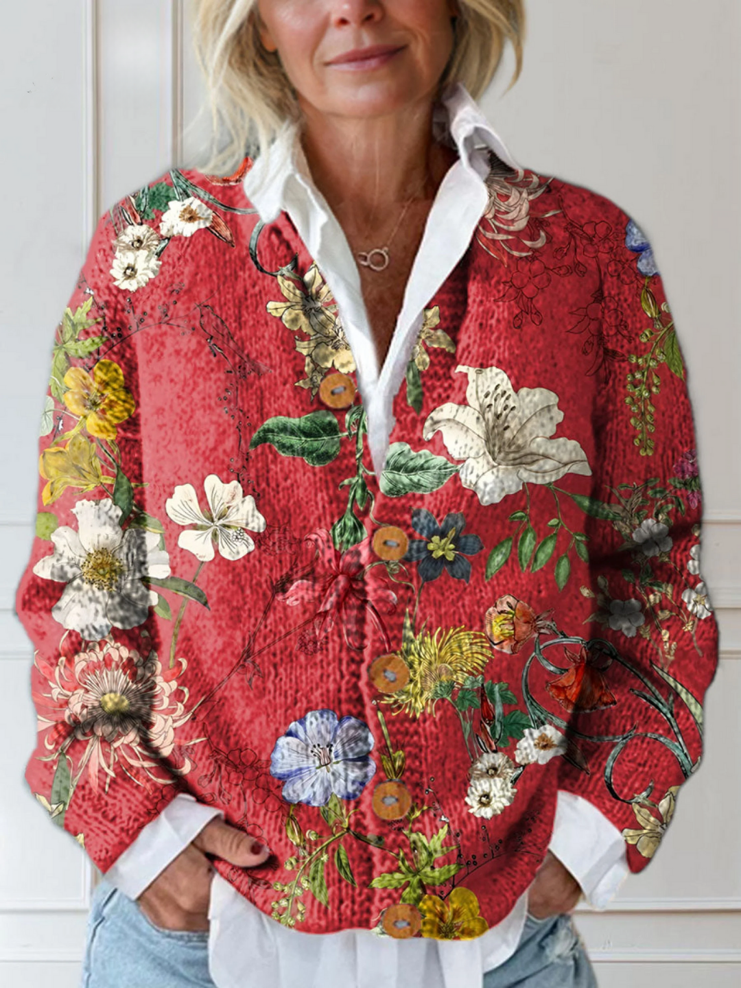 Vintage Floral Art Print Cardigan Red — front view