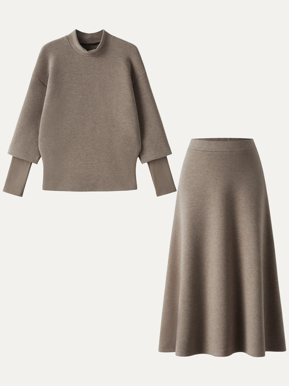 2Pcs Set FuzzLuxe Mockneck Sleeve-Warmer Top &  Midi A-line Circle Skirt — women's women > bundles&sets > bundles, back view