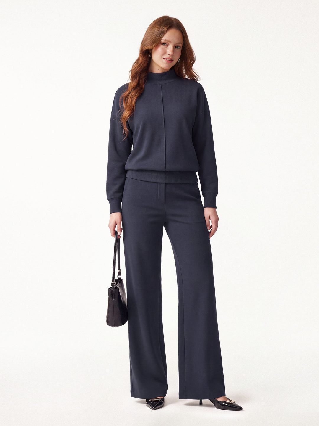 2Pcs Set Mockneck Long Sleeve Shirt & High-Rise Wide Leg Pants with Pockets
