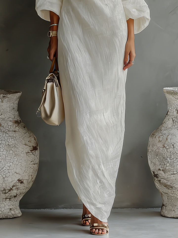 Ivory Off-Shoulder Flowing Dress — side view