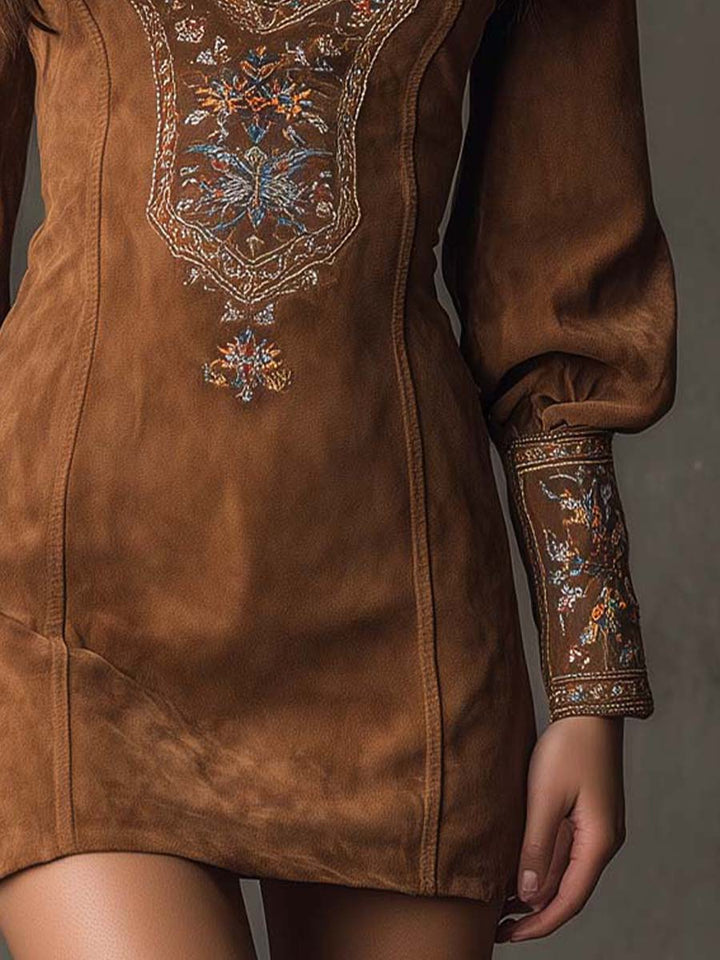 Vintage Suede Embroidered Mini Dress With Long Sleeves | Harry & Kate London