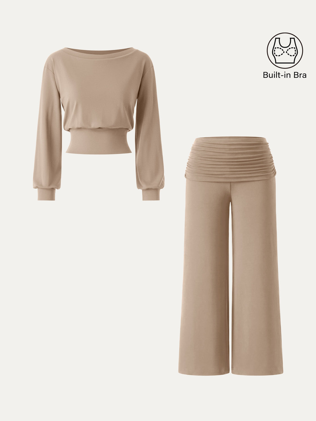 2Pcs Set Boatneck Built-In Bra Top 2.0 & Drapey Wide Leg Pull-on Pants with Pockets