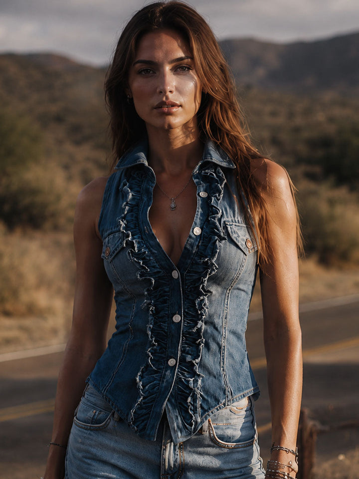 Vintage Blue Denim Ruffle Button Front Vest