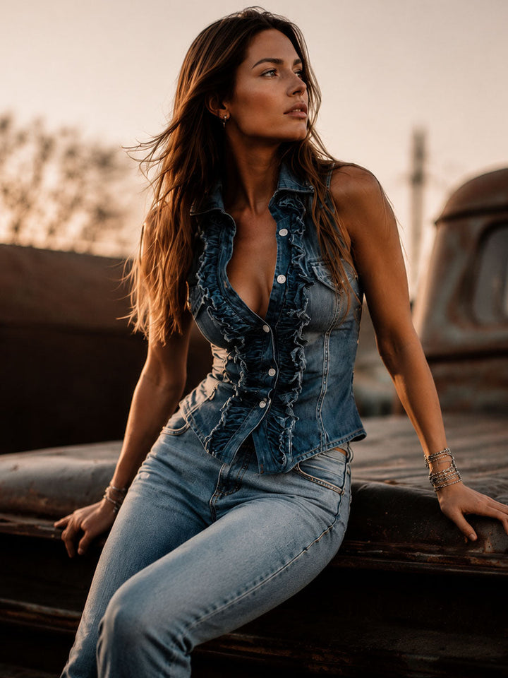Vintage Blue Denim Ruffle Button Front Vest