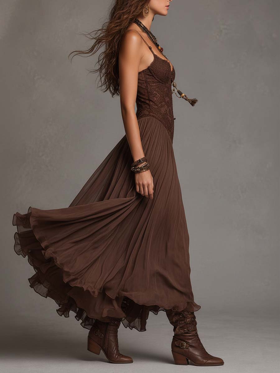 Dark Brown Lace And Chiffon Corset Maxi Dress