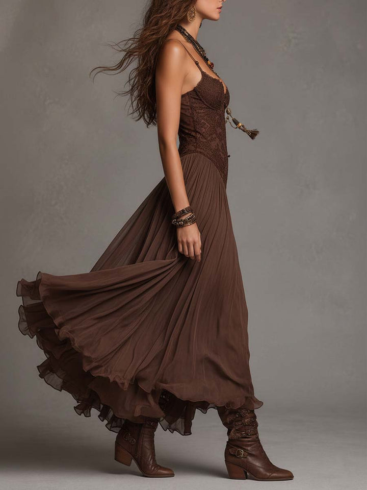 Dark Brown Lace And Chiffon Corset Maxi Dress