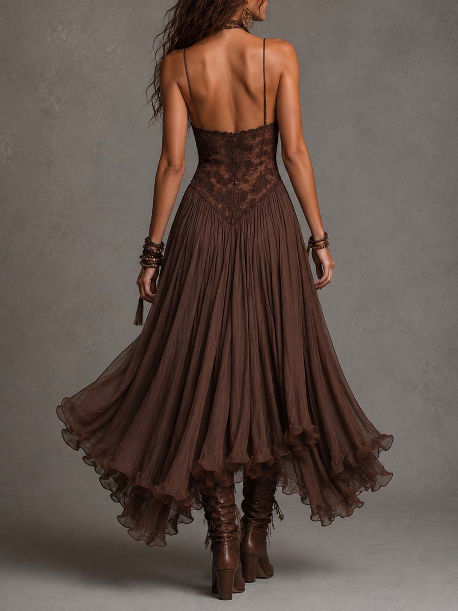 Dark Brown Lace And Chiffon Corset Maxi Dress