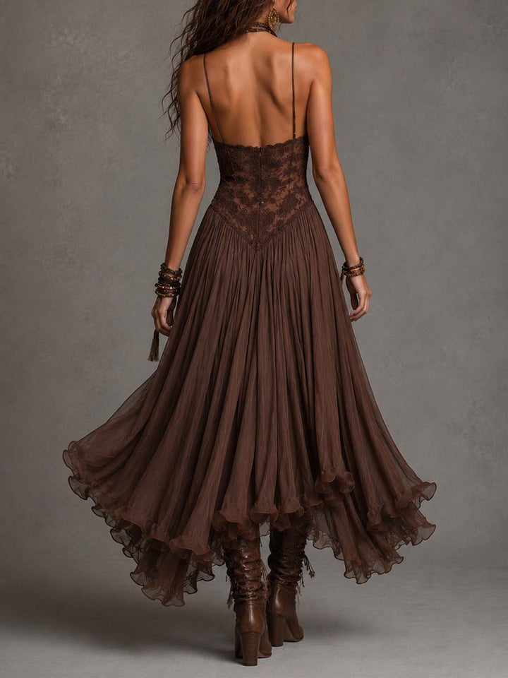 Dark Brown Lace And Chiffon Corset Maxi Dress