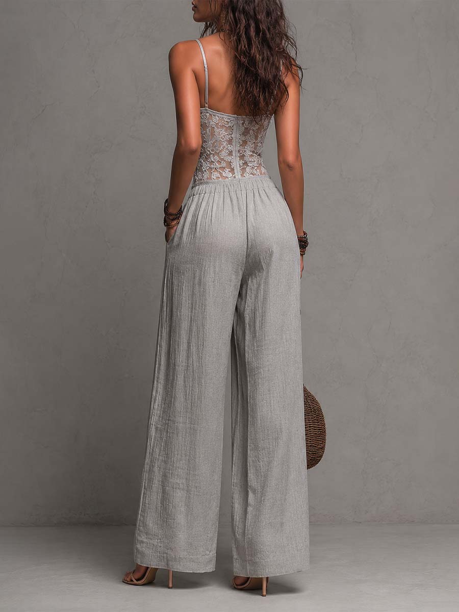 Bohemian Light Grey Lace And Crinkle Cotton Wide-Leg Jumpsuit