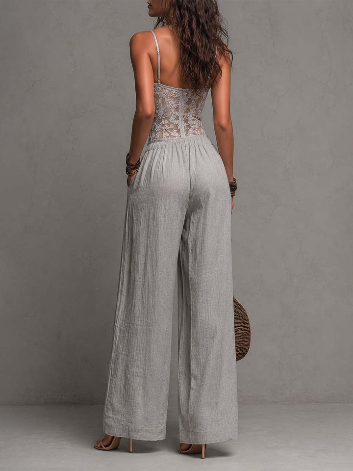 Bohemian Light Grey Lace And Crinkle Cotton Wide-Leg Jumpsuit
