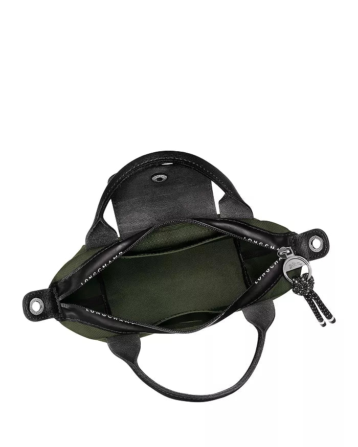 Longchamp Le Pliage Energy XS Crossbody Handbag Khaki Olive Green worn crossbody