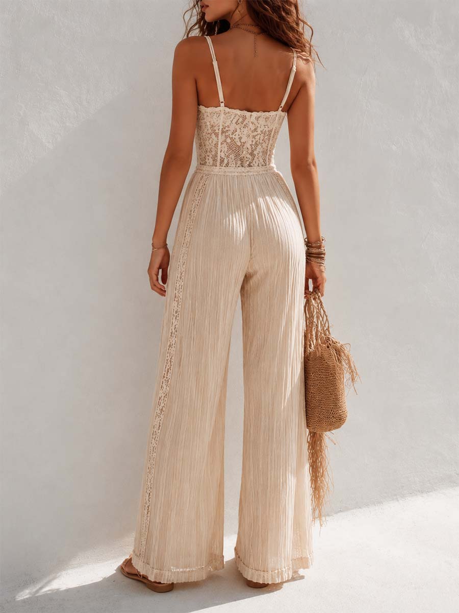 Bohemian Cream Lace Corset And Pleated Wide-Leg Jumpsuit