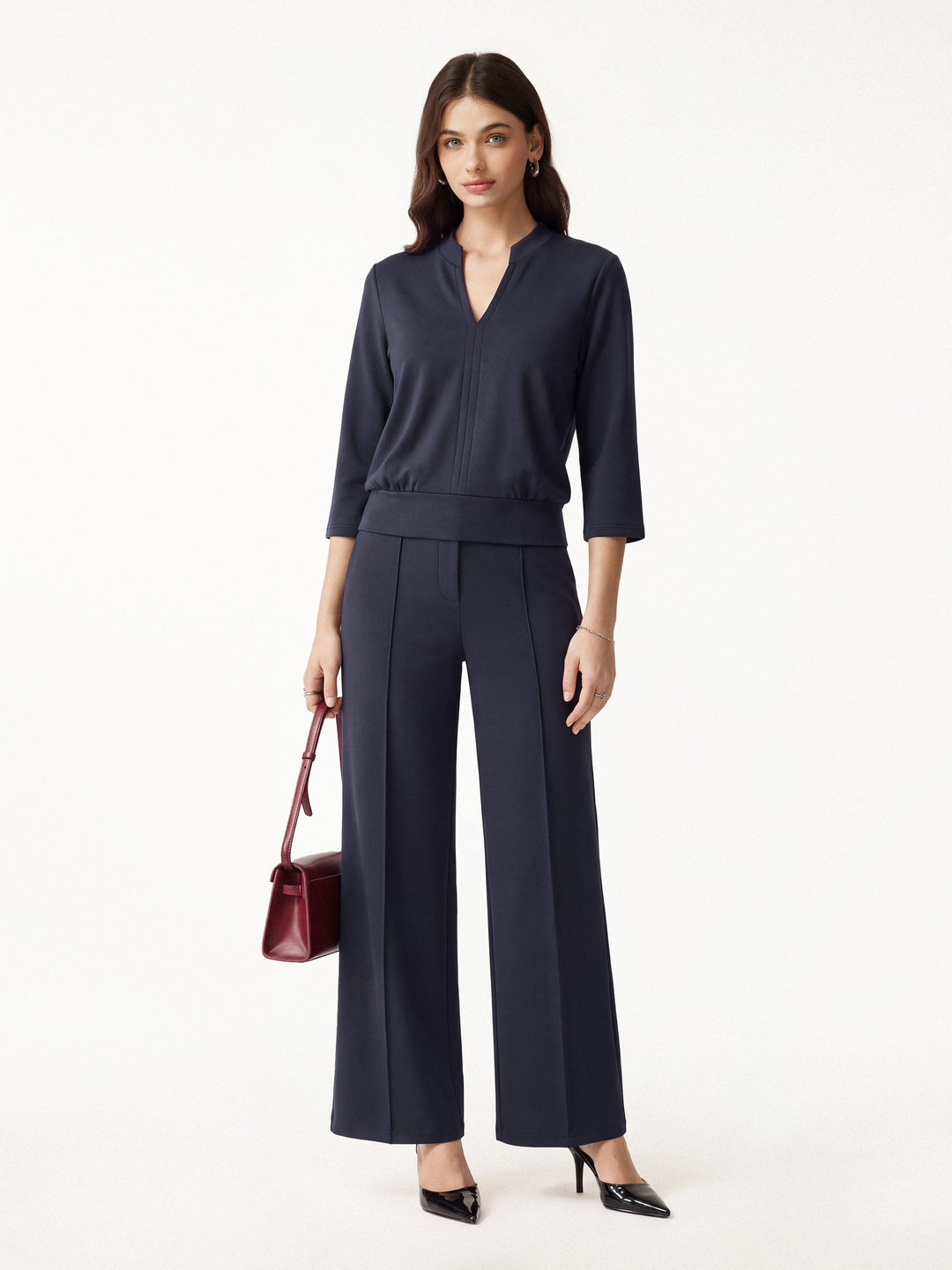 2Pcs Set V-Neck Elbow Sleeve Top & Mid Rise Straight Leg Pants with Pockets