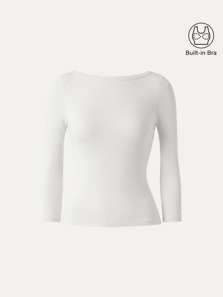 Plantive® Boatneck 3/4 Sleeve Built-In Bra Top 2.0