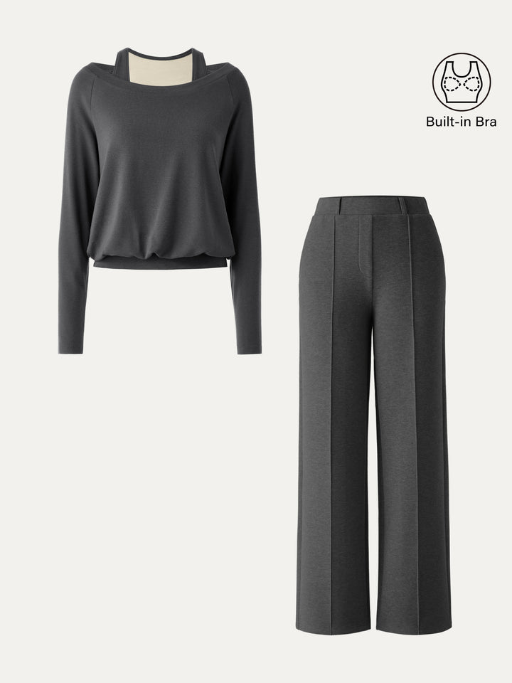 2Pcs Set LiteWarm Multi-Wear Layering Built-In Bra Top 2.0 & High Waisted Straight Leg Pull On Pant