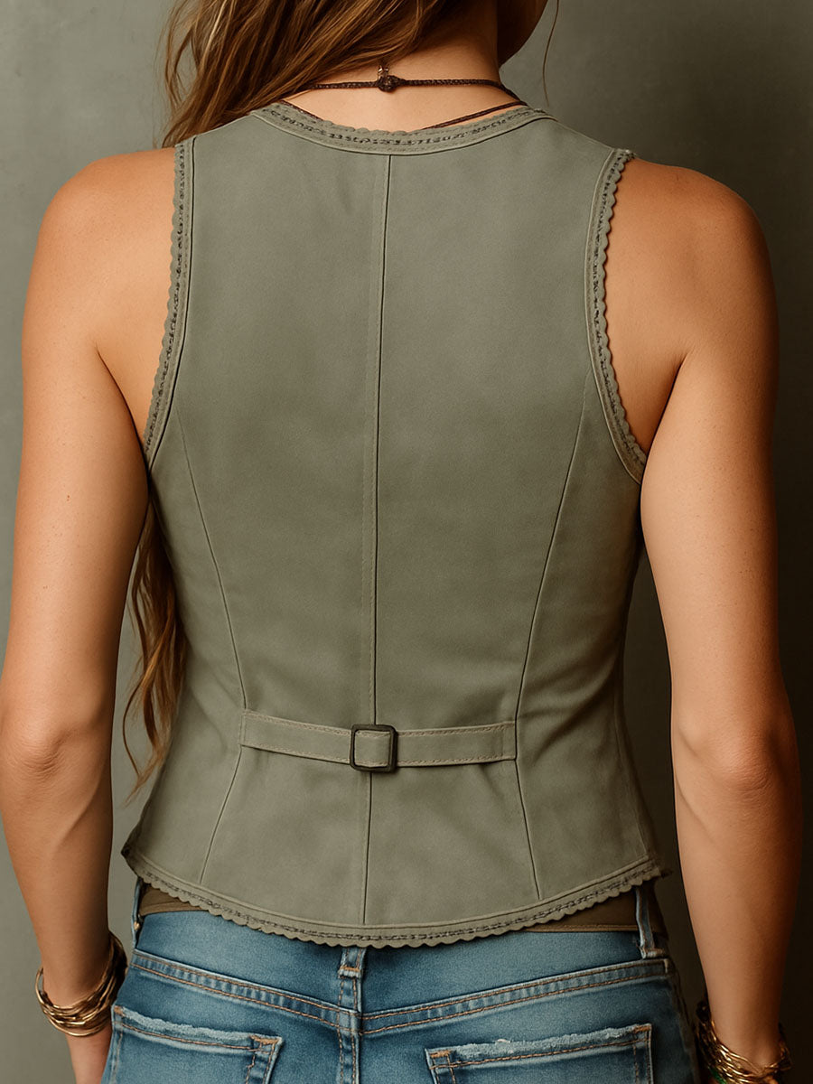 Olive Suede Boho Embroidered Corset Vest With Lace Trim | Harry & Kate London
