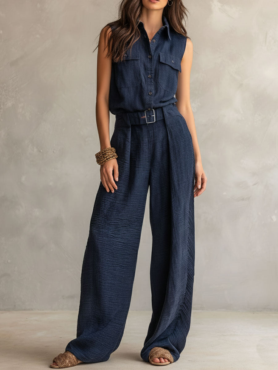 Boho Midnight Slate Texture Belted Utility Jumpsuit