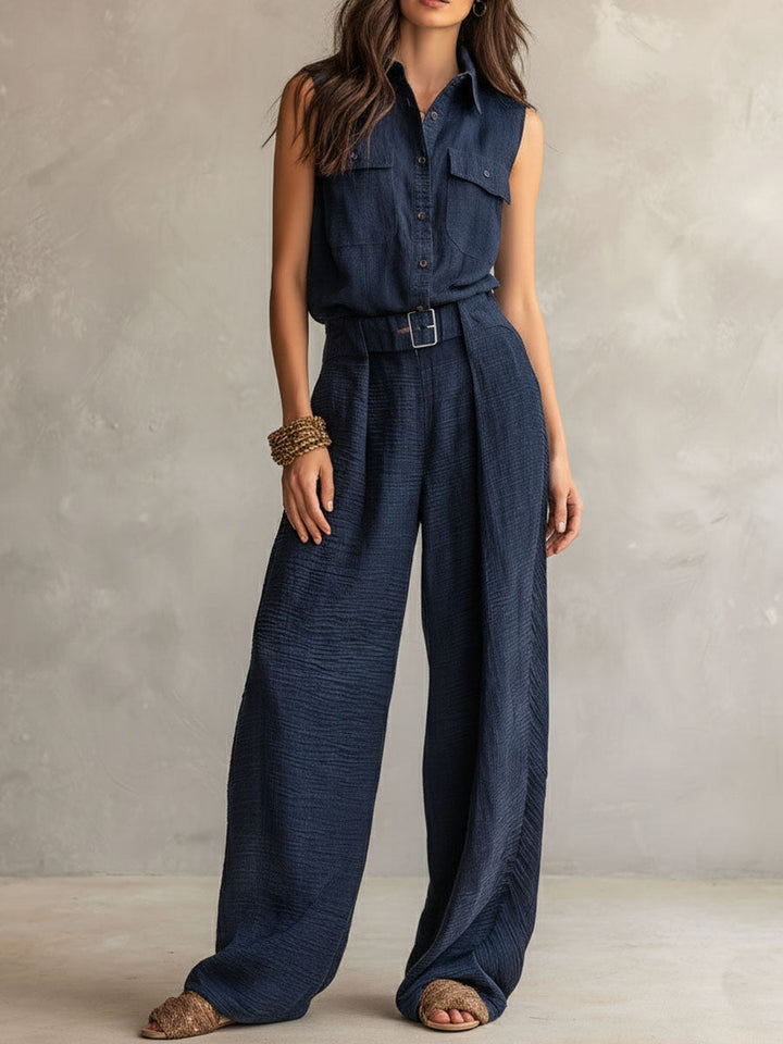 Boho Midnight Slate Texture Belted Utility Jumpsuit