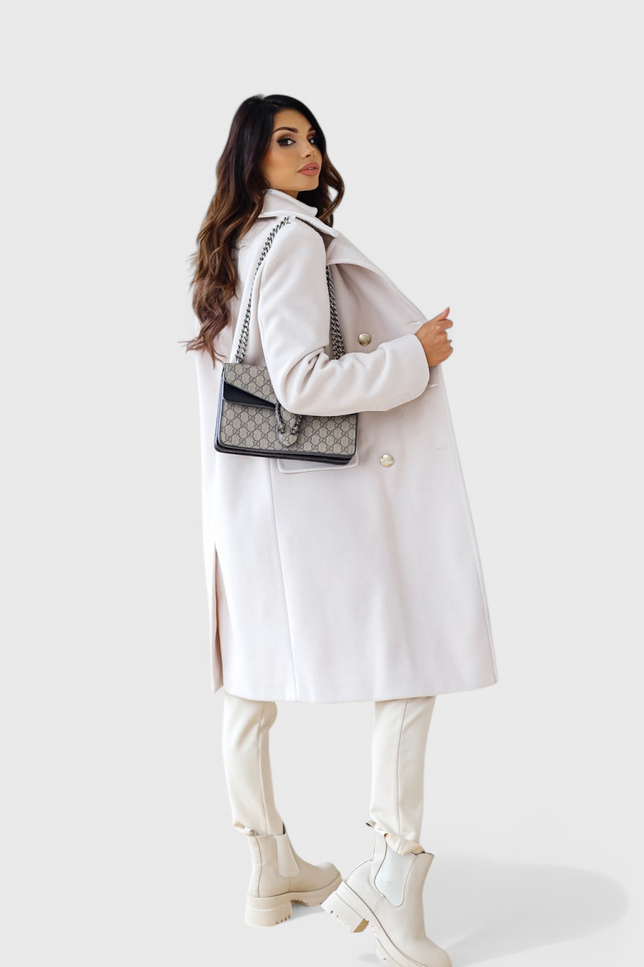 Yara women's coat formal styling model pose