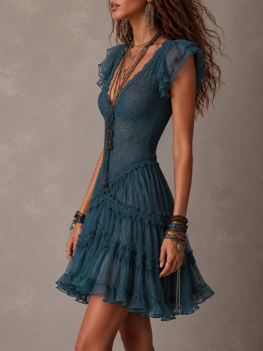 Retro Sea Blue Lace And Chiffon Ruffled Mini Dress | Harry & Kate London