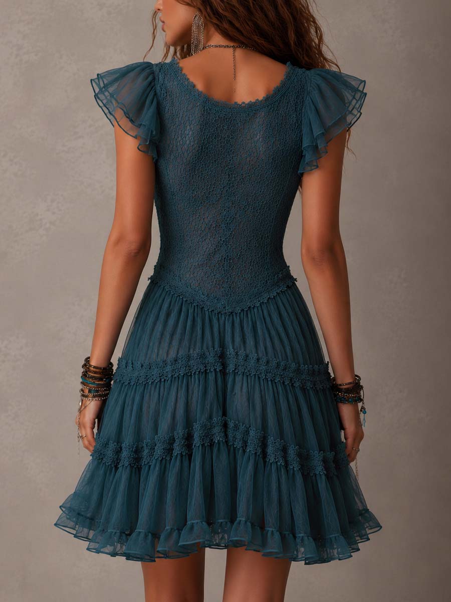 Retro Sea Blue Lace And Chiffon Ruffled Mini Dress | Harry & Kate London
