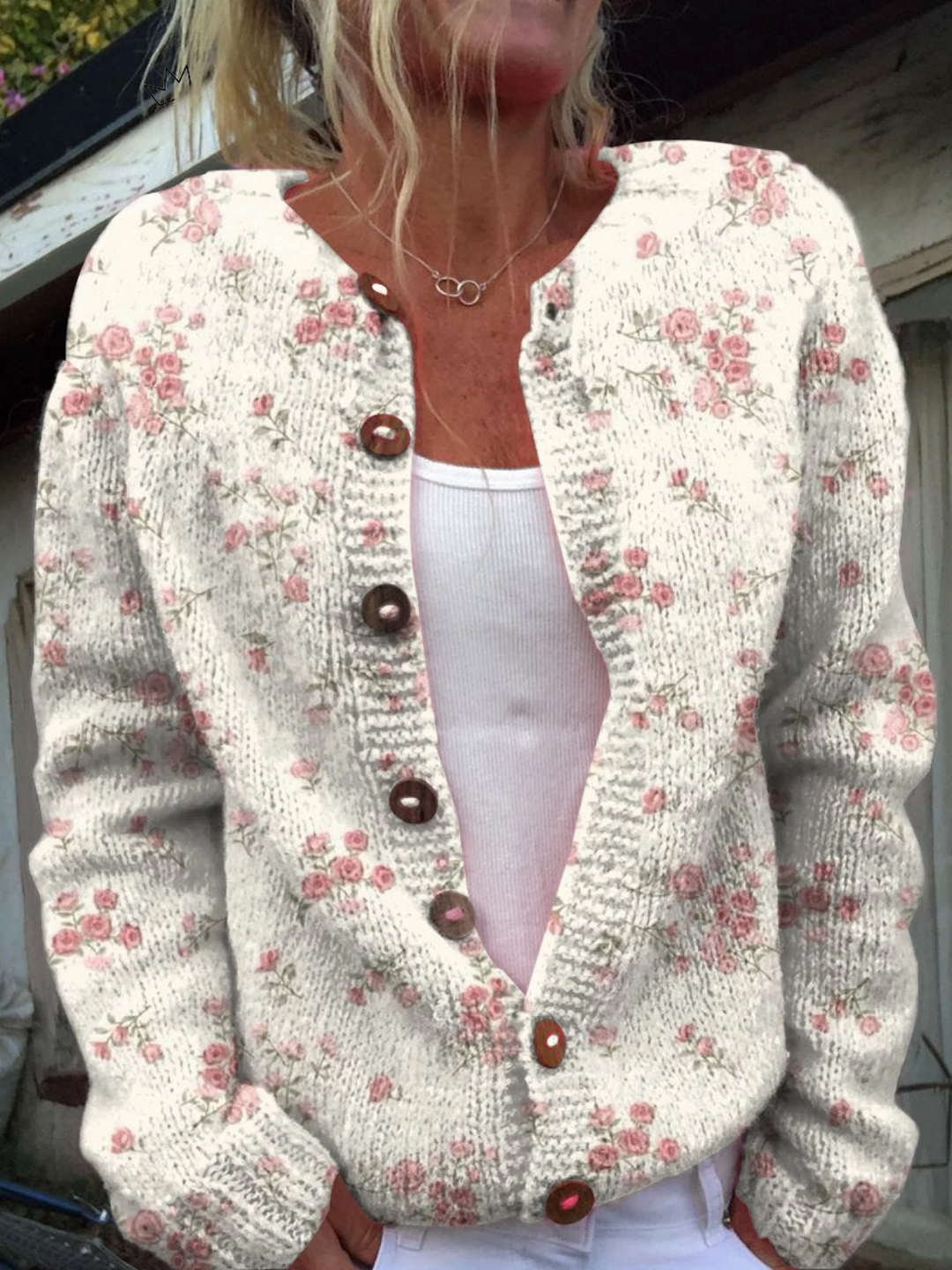 Pink Rose Florets Cardigan — front view