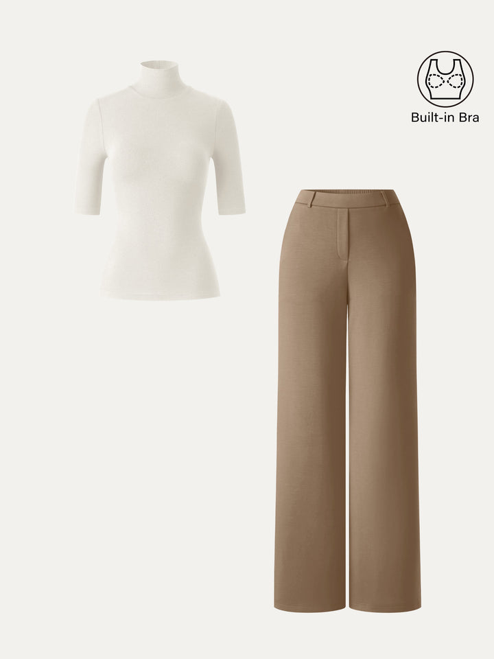 2Pcs Set LiteWarm Elbow Length Sleeve Built-In Bra Top 3.0 & High-Rise Wide Leg Pants