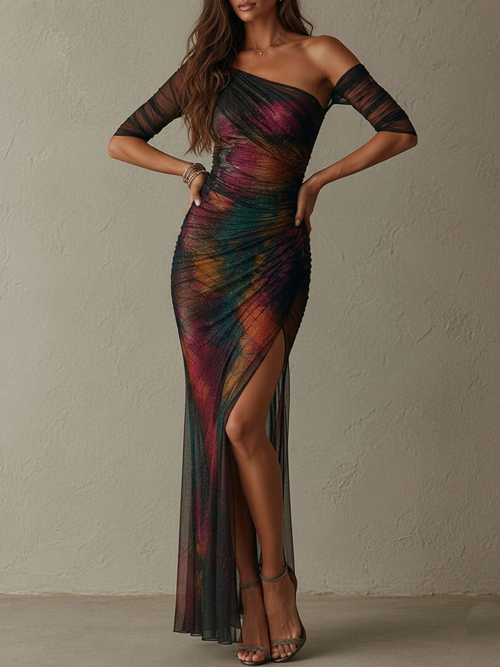 Retro Elegant Galaxy Print One-Shoulder Ruched Mesh Evening Maxi Dress
